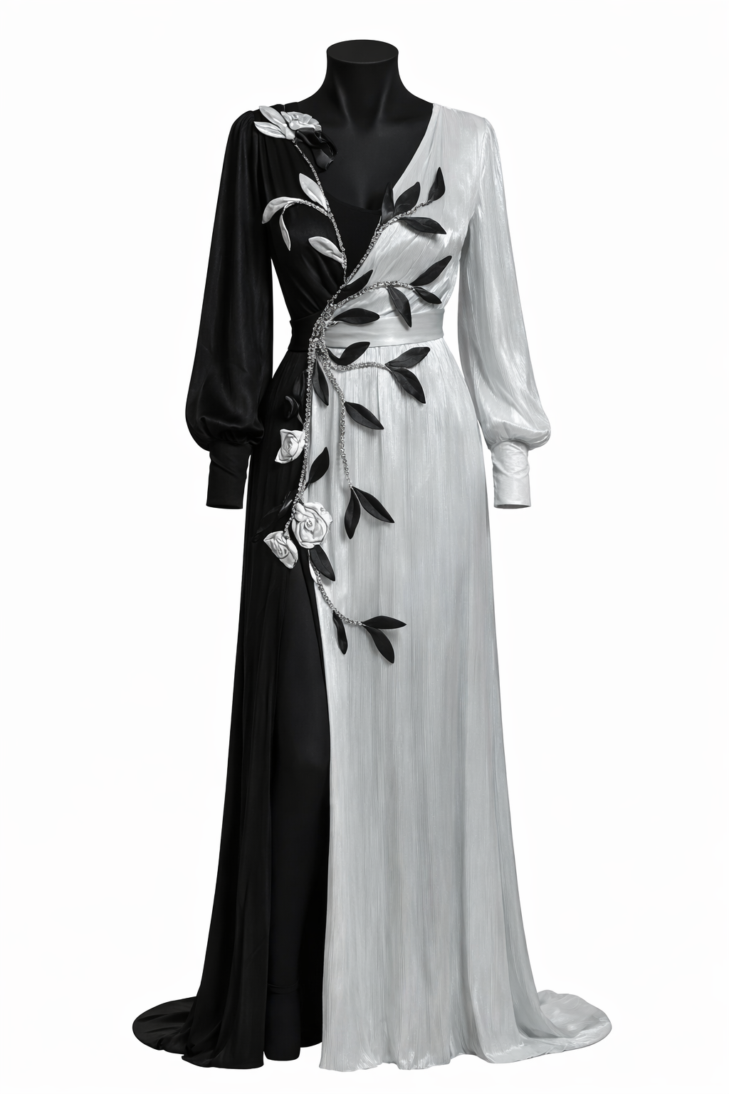 Rochie Elegantă Bicoloră cu Aplicații Florale – Design Unicat