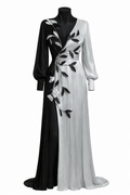Rochie Elegantă Bicoloră cu Aplicații Florale – Design Unicat