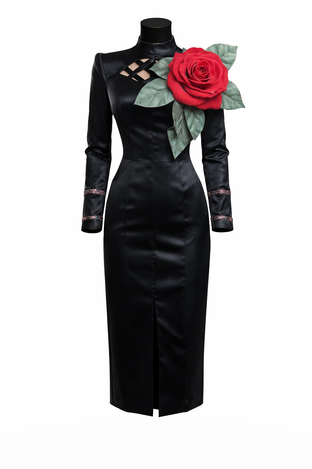 Rochie Elegantă Neagră cu Trandafir 3D – Design Unicat Couture