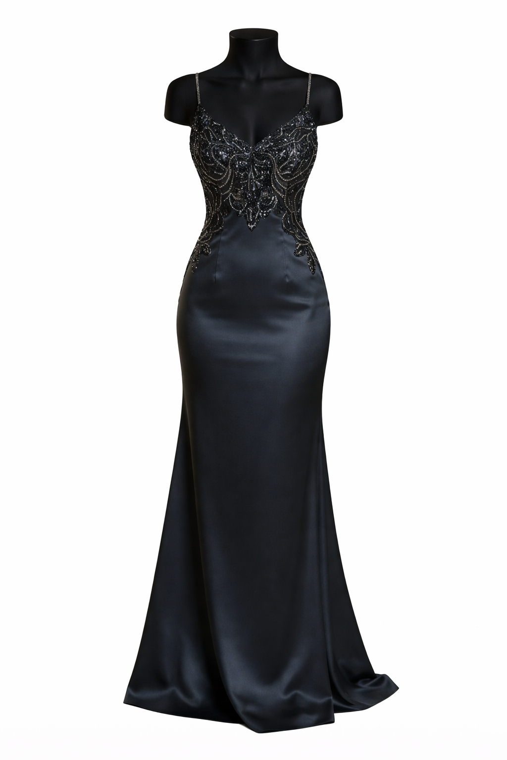 Rochie Elegantă Satin Negru cu Detalii Brodate – Design Unicat